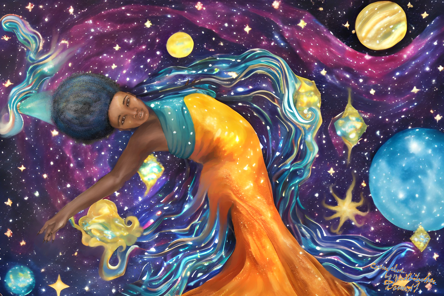 Cosmosa by Nicole T. Lasher, an image of a manifestation of the cosmic mother, a woman in an aqua and golden orange dress with water flowing around her among the stars.