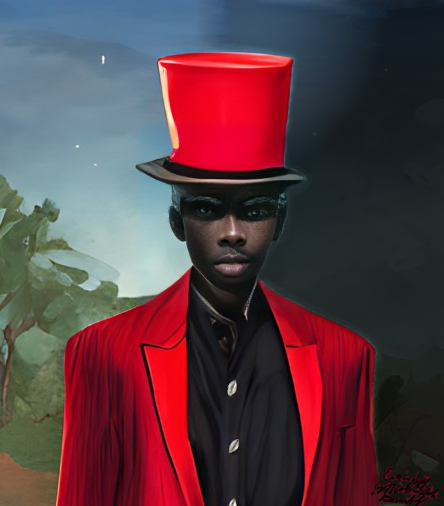 Eshu in a Top Hat by Nicole T. Lasher, an image of Eshu wearing a red top hat and jacket.
