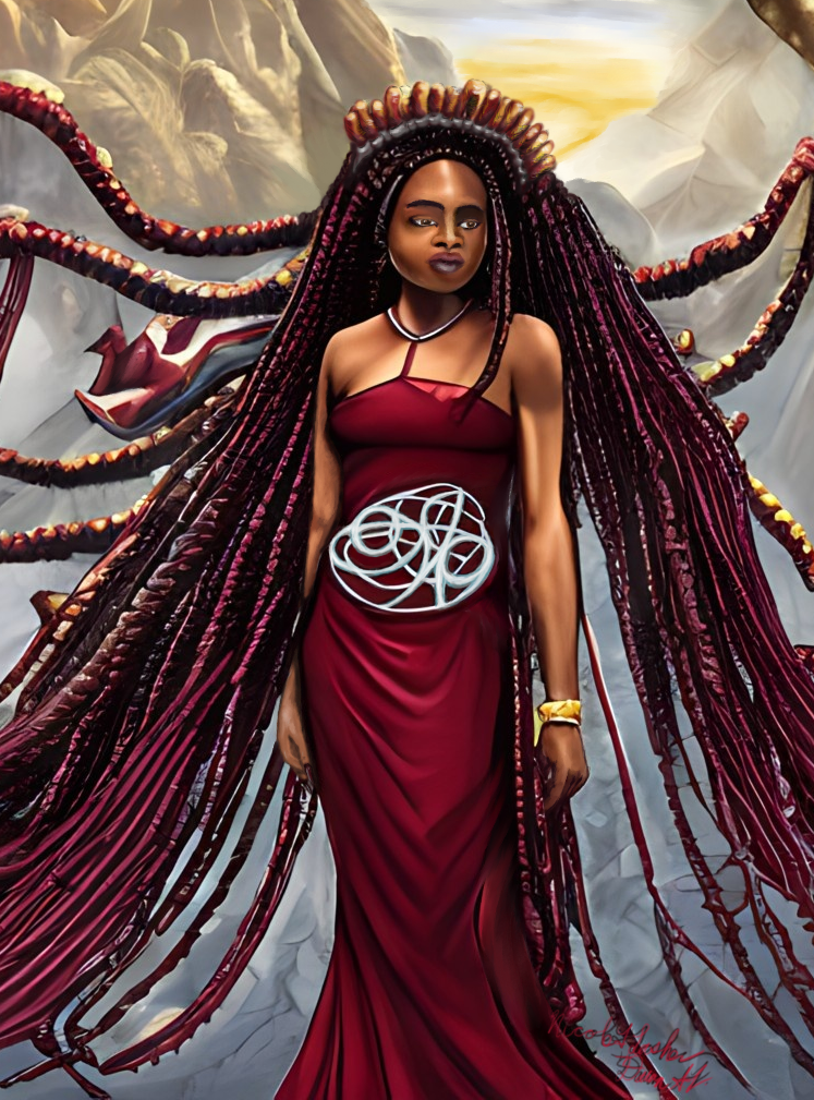 Mystic by Nicole T. Lasher depicts a queen whose head is Oya, standing in a windy canyon. She has long braids, sa ruby crown, and is wearing a maroon dress with a seemingly chaotic symbol in silver at the waist.